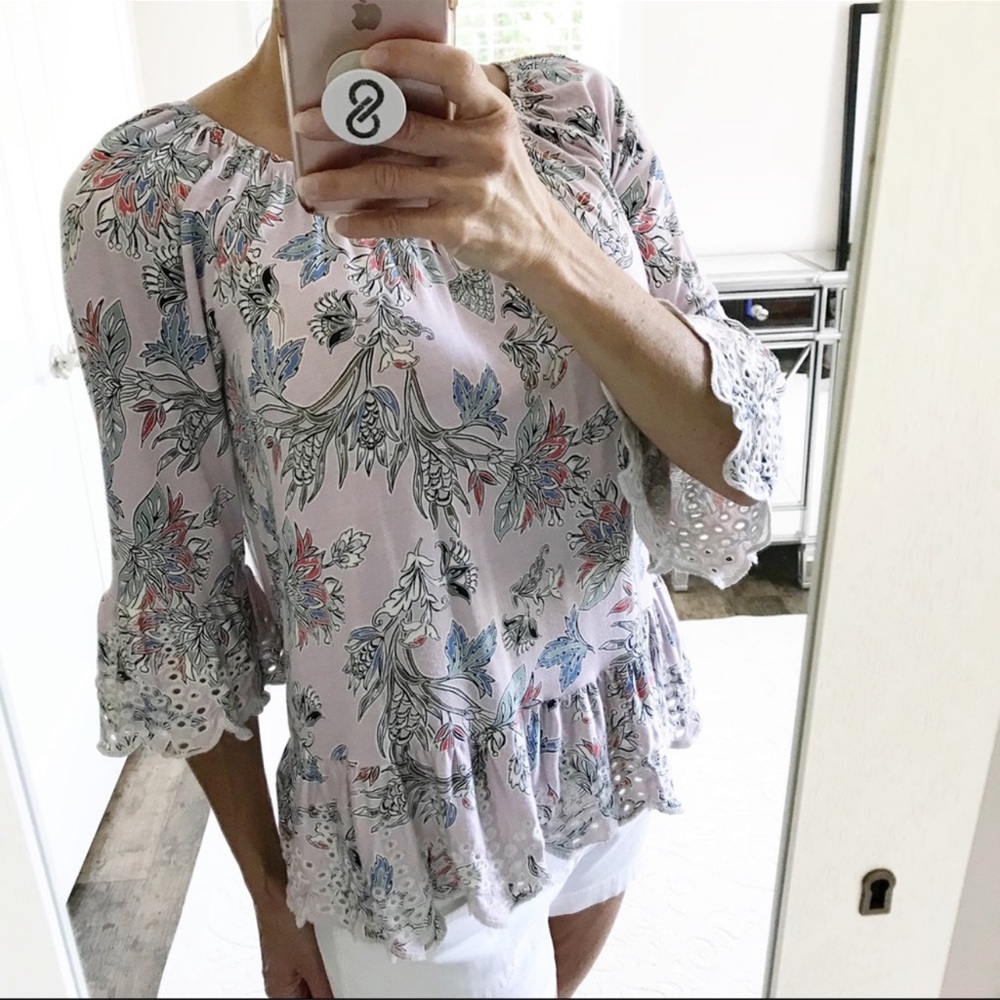 Fever Off The Shoulder Eyelet Ruffle Floral Boho Peasant Blouse Small